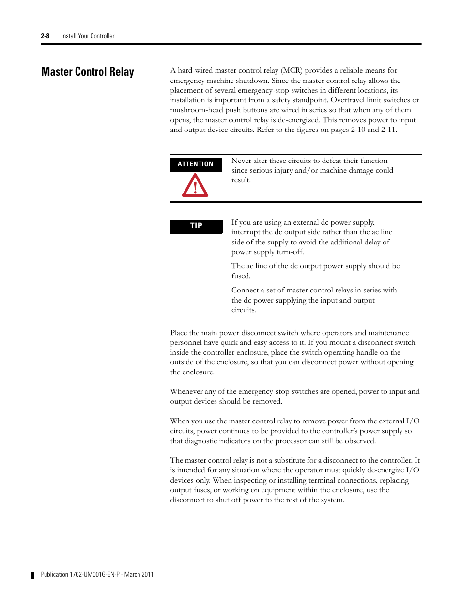 Master control relay, Master control relay -8 | Rockwell Automation 1762-Lxxxx MicroLogix 1200 Programmable Controllers User Manual | Page 22 / 168