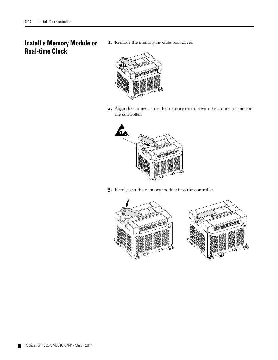 Install a memory module or real-time clock, Install a memory module or real-time clock -12 | Rockwell Automation 1762-Lxxxx MicroLogix 1200 Programmable Controllers User Manual | Page 26 / 168