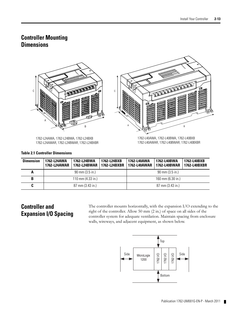 Controller mounting dimensions, Controller and expansion i/o spacing | Rockwell Automation 1762-Lxxxx MicroLogix 1200 Programmable Controllers User Manual | Page 27 / 168
