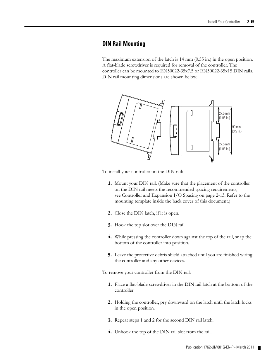 Din rail mounting, Din rail mounting -15 | Rockwell Automation 1762-Lxxxx MicroLogix 1200 Programmable Controllers User Manual | Page 29 / 168