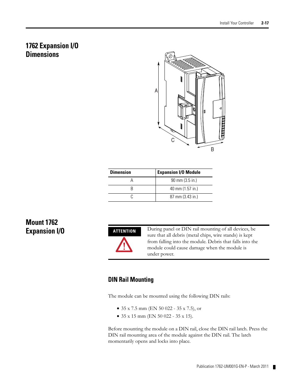 1762 expansion i/o dimensions, Mount 1762 expansion i/o, Din rail mounting | Din rail mounting -17 | Rockwell Automation 1762-Lxxxx MicroLogix 1200 Programmable Controllers User Manual | Page 31 / 168