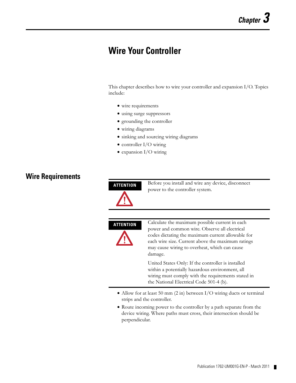 Chapter 3, Wire your controller, Wire requirements | Wire requirements -1, Chapter | Rockwell Automation 1762-Lxxxx MicroLogix 1200 Programmable Controllers User Manual | Page 35 / 168