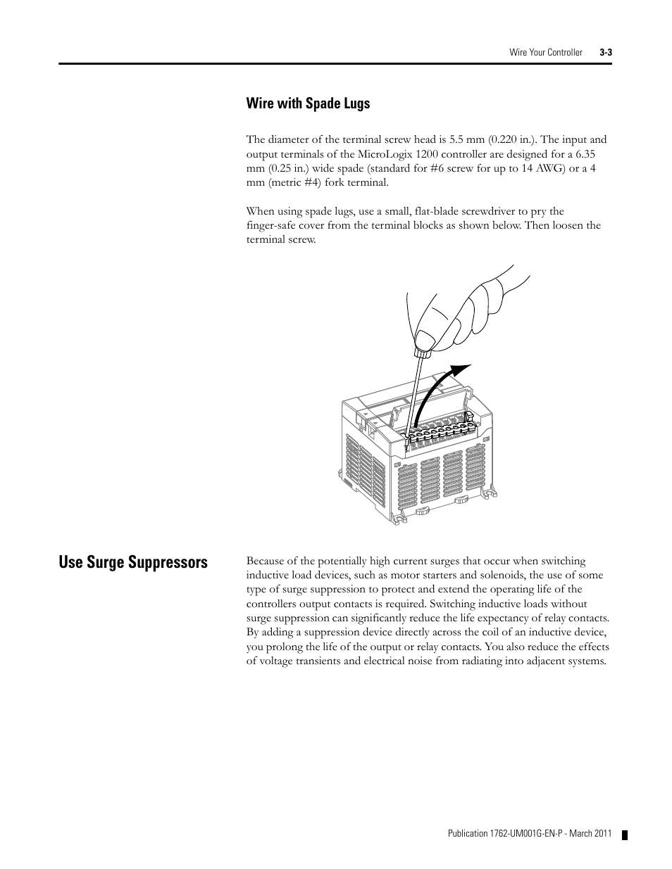 Wire with spade lugs, Use surge suppressors, Wire with spade lugs -3 | Use surge suppressors -3 | Rockwell Automation 1762-Lxxxx MicroLogix 1200 Programmable Controllers User Manual | Page 37 / 168