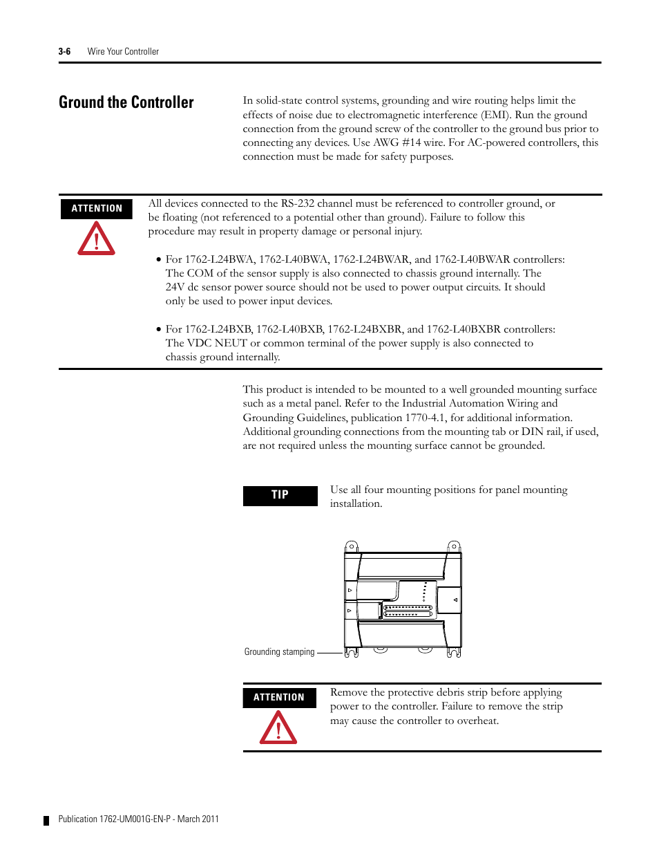 Ground the controller, Ground the controller -6 | Rockwell Automation 1762-Lxxxx MicroLogix 1200 Programmable Controllers User Manual | Page 40 / 168