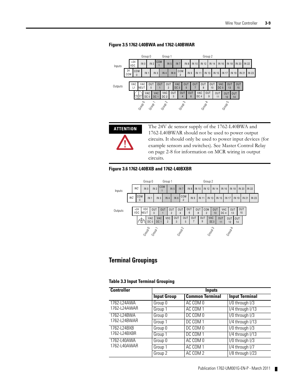 Terminal groupings, Terminal groupings -9, Attention | Rockwell Automation 1762-Lxxxx MicroLogix 1200 Programmable Controllers User Manual | Page 43 / 168