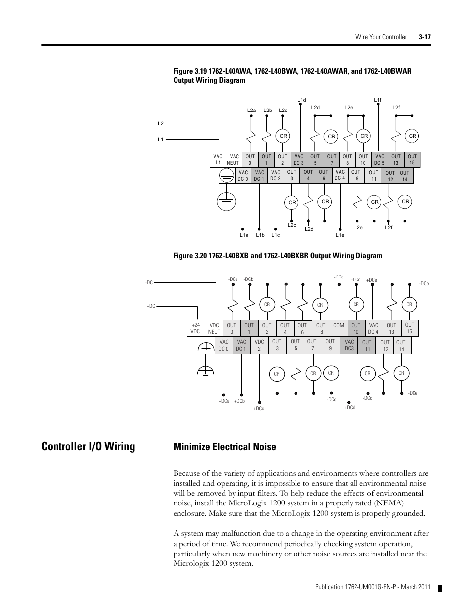 Controller i/o wiring, Minimize electrical noise, Controller i/o wiring -17 | Minimize electrical noise -17 | Rockwell Automation 1762-Lxxxx MicroLogix 1200 Programmable Controllers User Manual | Page 51 / 168