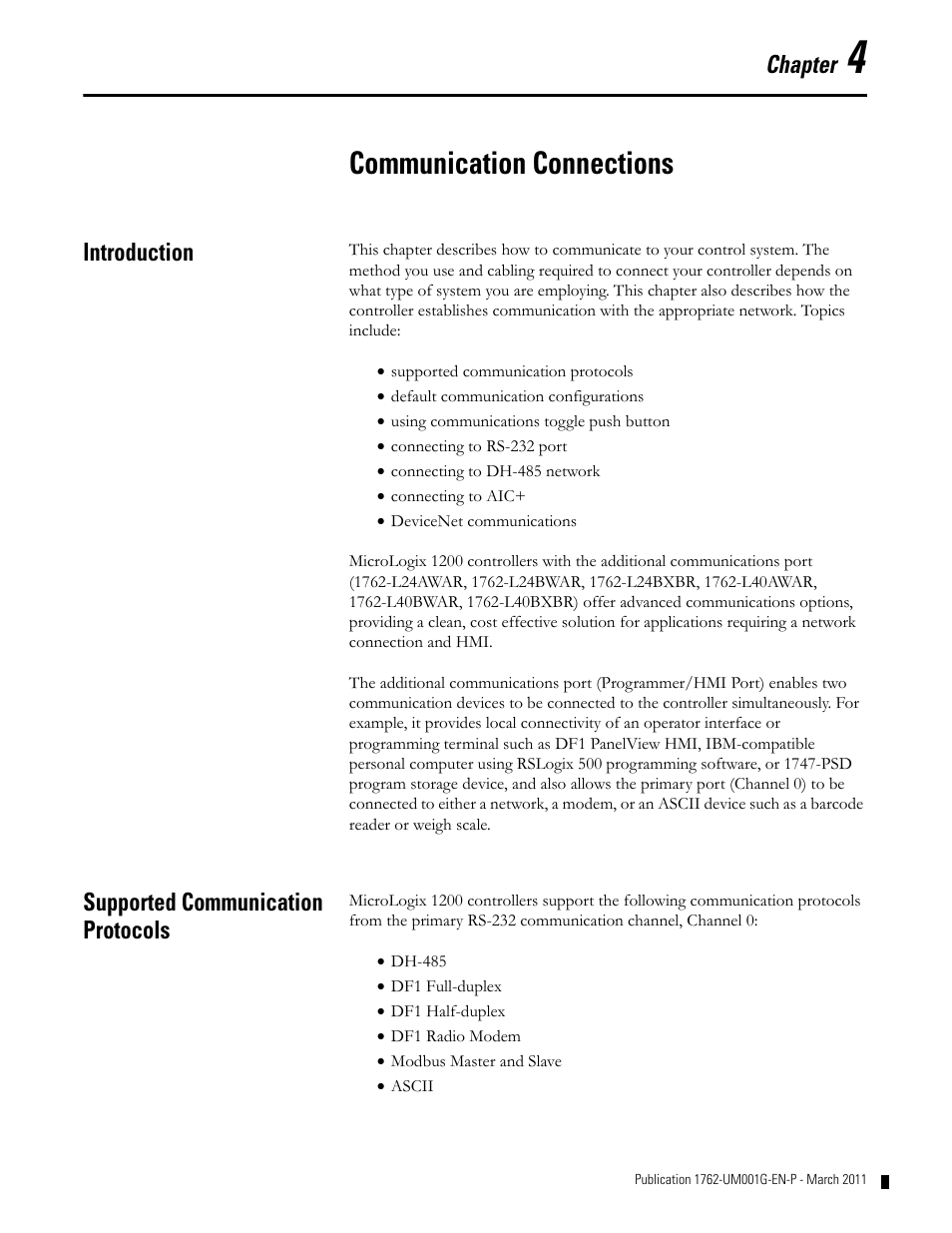 Chapter 4, Communication connections, Introduction | Supported communication protocols, Chapter | Rockwell Automation 1762-Lxxxx MicroLogix 1200 Programmable Controllers User Manual | Page 67 / 168