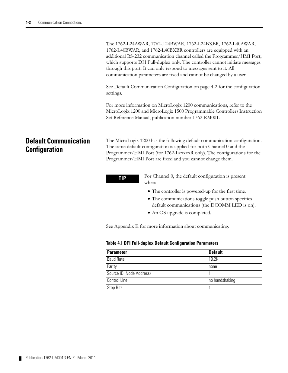 Default communication configuration, Default communication configuration -2 | Rockwell Automation 1762-Lxxxx MicroLogix 1200 Programmable Controllers User Manual | Page 68 / 168