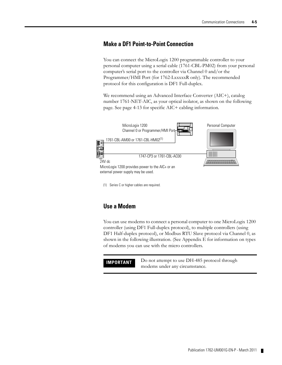 Make a df1 point-to-point connection, Use a modem | Rockwell Automation 1762-Lxxxx MicroLogix 1200 Programmable Controllers User Manual | Page 71 / 168