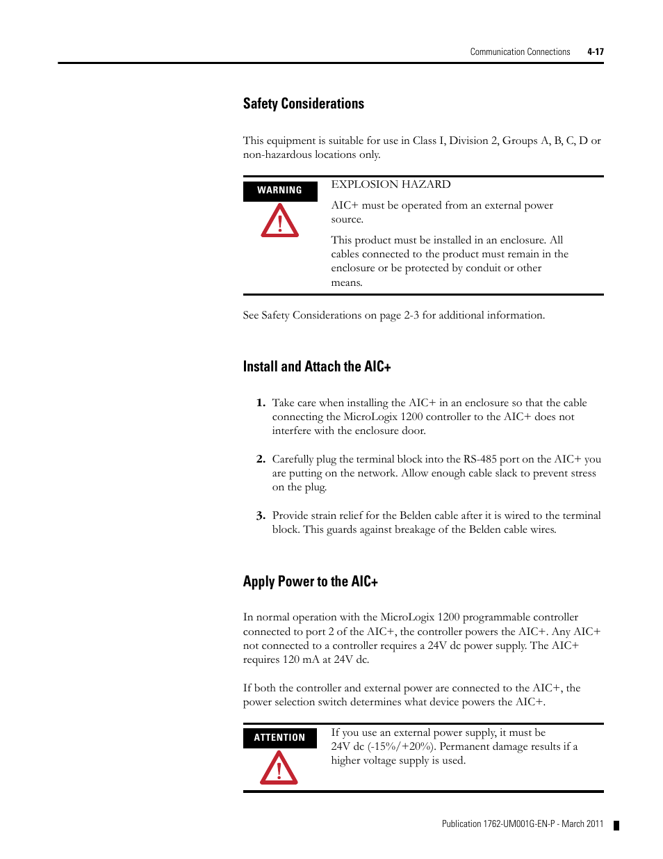 Safety considerations, Install and attach the aic, Apply power to the aic | Rockwell Automation 1762-Lxxxx MicroLogix 1200 Programmable Controllers User Manual | Page 83 / 168