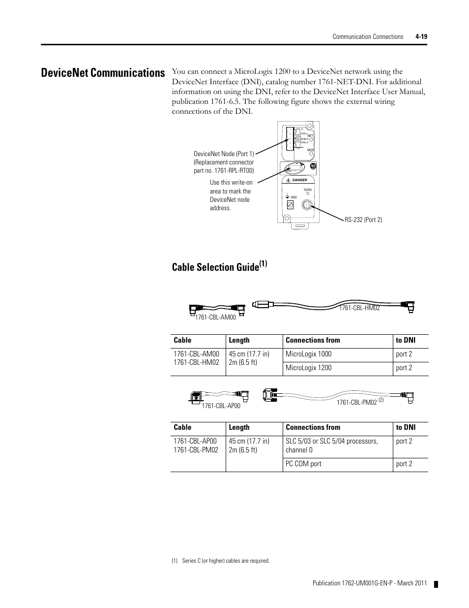Devicenet communications, Cable selection guide, Devicenet communications -19 | Cable selection guide -19 | Rockwell Automation 1762-Lxxxx MicroLogix 1200 Programmable Controllers User Manual | Page 85 / 168