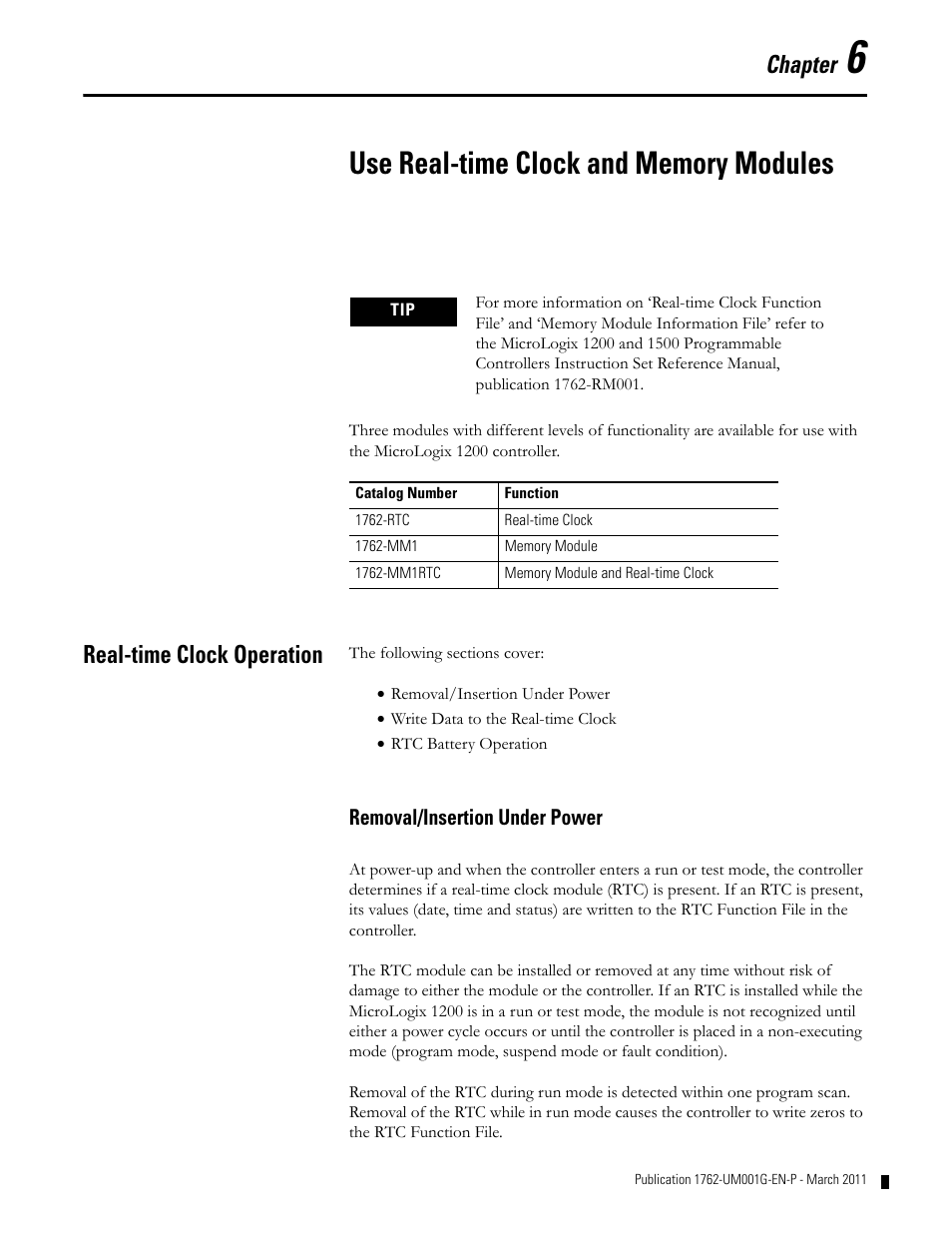 Chapter 6, Use real-time clock and memory modules, Real-time clock operation | Removal/insertion under power, Real-time clock operation -1, Removal/insertion under power -1, Chapter | Rockwell Automation 1762-Lxxxx MicroLogix 1200 Programmable Controllers User Manual | Page 89 / 168