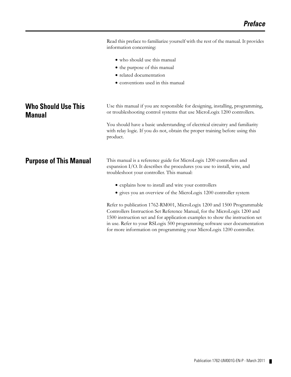 Preface, Who should use this manual, Purpose of this manual | Rockwell Automation 1762-Lxxxx MicroLogix 1200 Programmable Controllers User Manual | Page 9 / 168