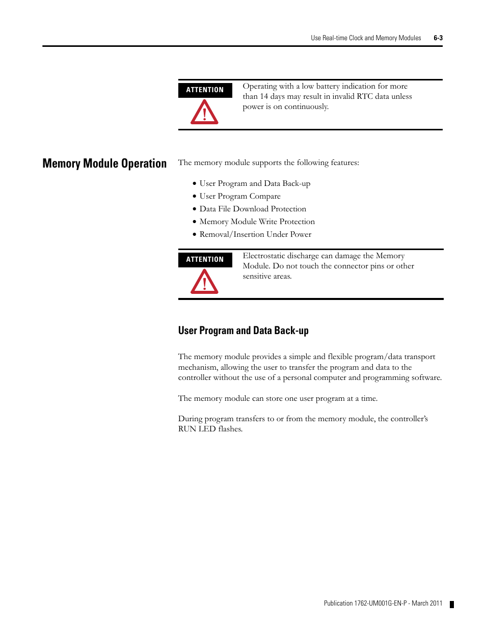 Memory module operation, User program and data back-up, Memory module operation -3 | User program and data back-up -3 | Rockwell Automation 1762-Lxxxx MicroLogix 1200 Programmable Controllers User Manual | Page 91 / 168