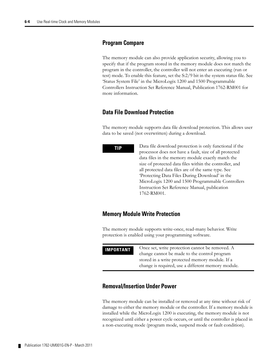 Program compare, Data file download protection, Memory module write protection | Removal/insertion under power | Rockwell Automation 1762-Lxxxx MicroLogix 1200 Programmable Controllers User Manual | Page 92 / 168