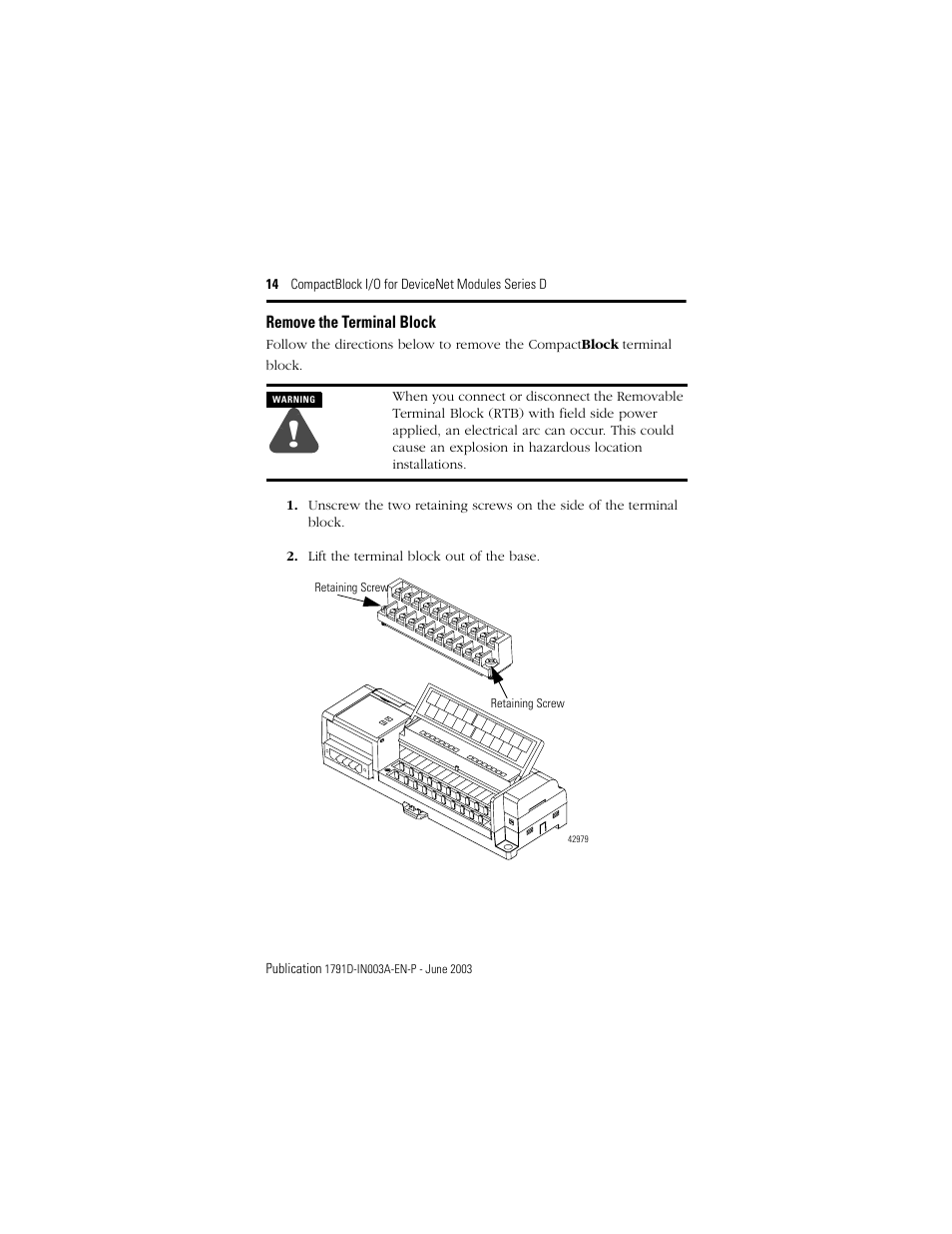 Remove the terminal block, Retaining screw | Rockwell Automation 1791D-XXXX CompactBlock I/O for DeviceNet Modules Series D I.I. User Manual | Page 14 / 28