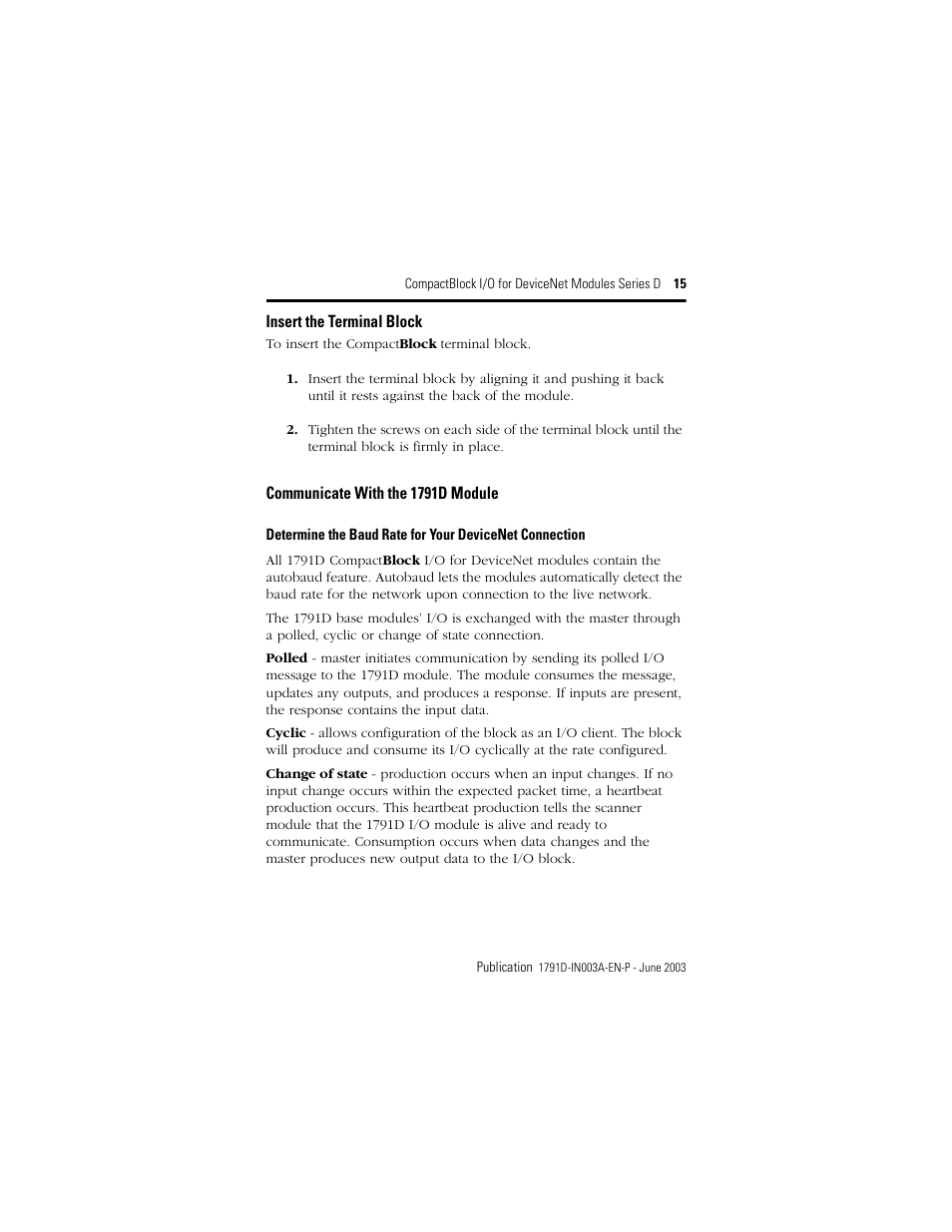 Insert the terminal block, Communicate with the 1791d module | Rockwell Automation 1791D-XXXX CompactBlock I/O for DeviceNet Modules Series D I.I. User Manual | Page 15 / 28