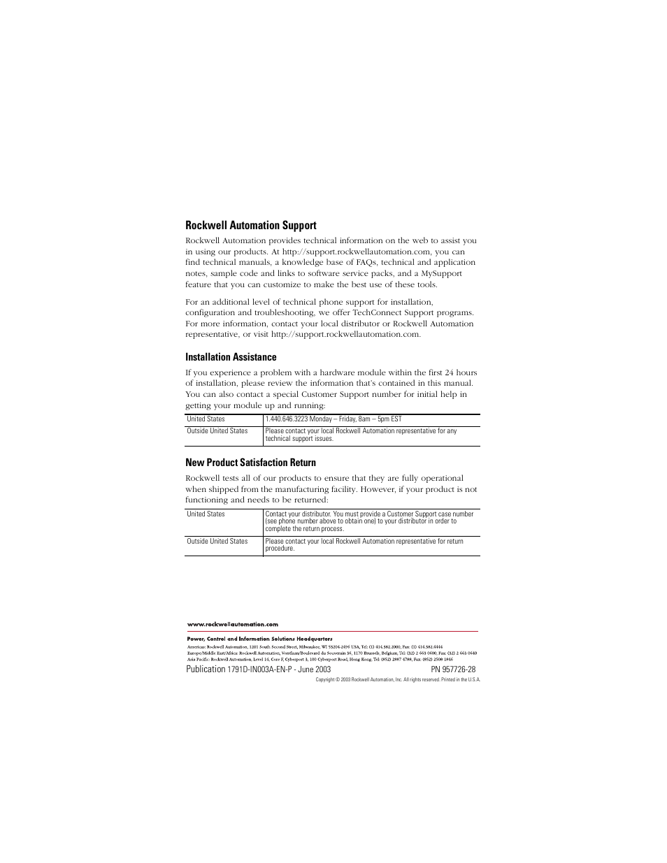 Support information, Back cover, Rockwell automation support | Installation assistance, New product satisfaction return | Rockwell Automation 1791D-XXXX CompactBlock I/O for DeviceNet Modules Series D I.I. User Manual | Page 28 / 28