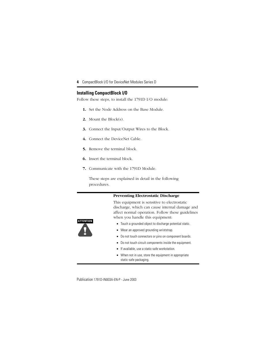 Installing compactblock i/o | Rockwell Automation 1791D-XXXX CompactBlock I/O for DeviceNet Modules Series D I.I. User Manual | Page 4 / 28