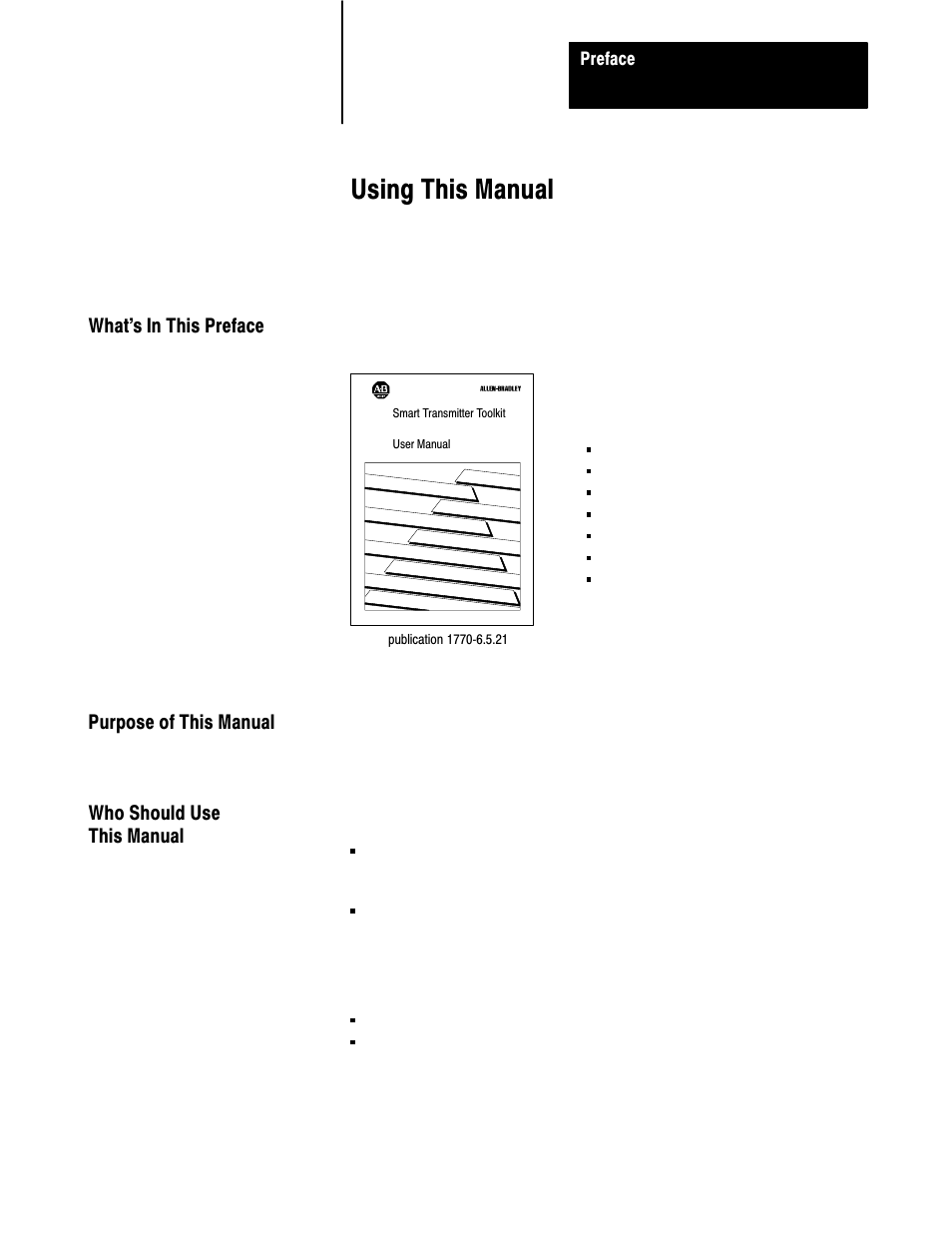 1770-6.5.21, preface, Using this manual | Rockwell Automation 1770,D17706.5.21 SMART TRANSMITTER TOOLKI User Manual | Page 5 / 59