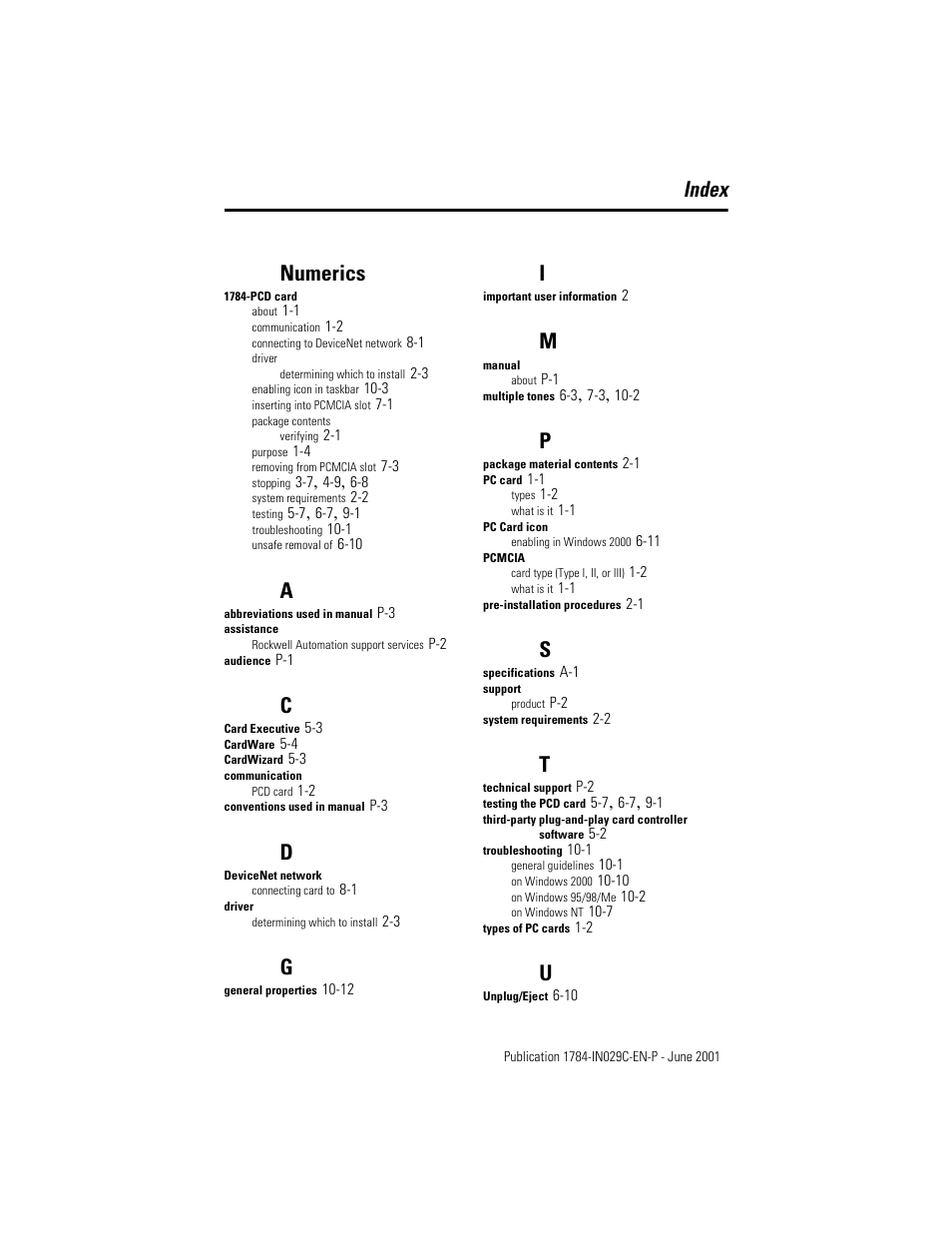 Index, Numerics | Rockwell Automation 1784-PCD DeviceNet Communication Card  User Manual | Page 103 / 106