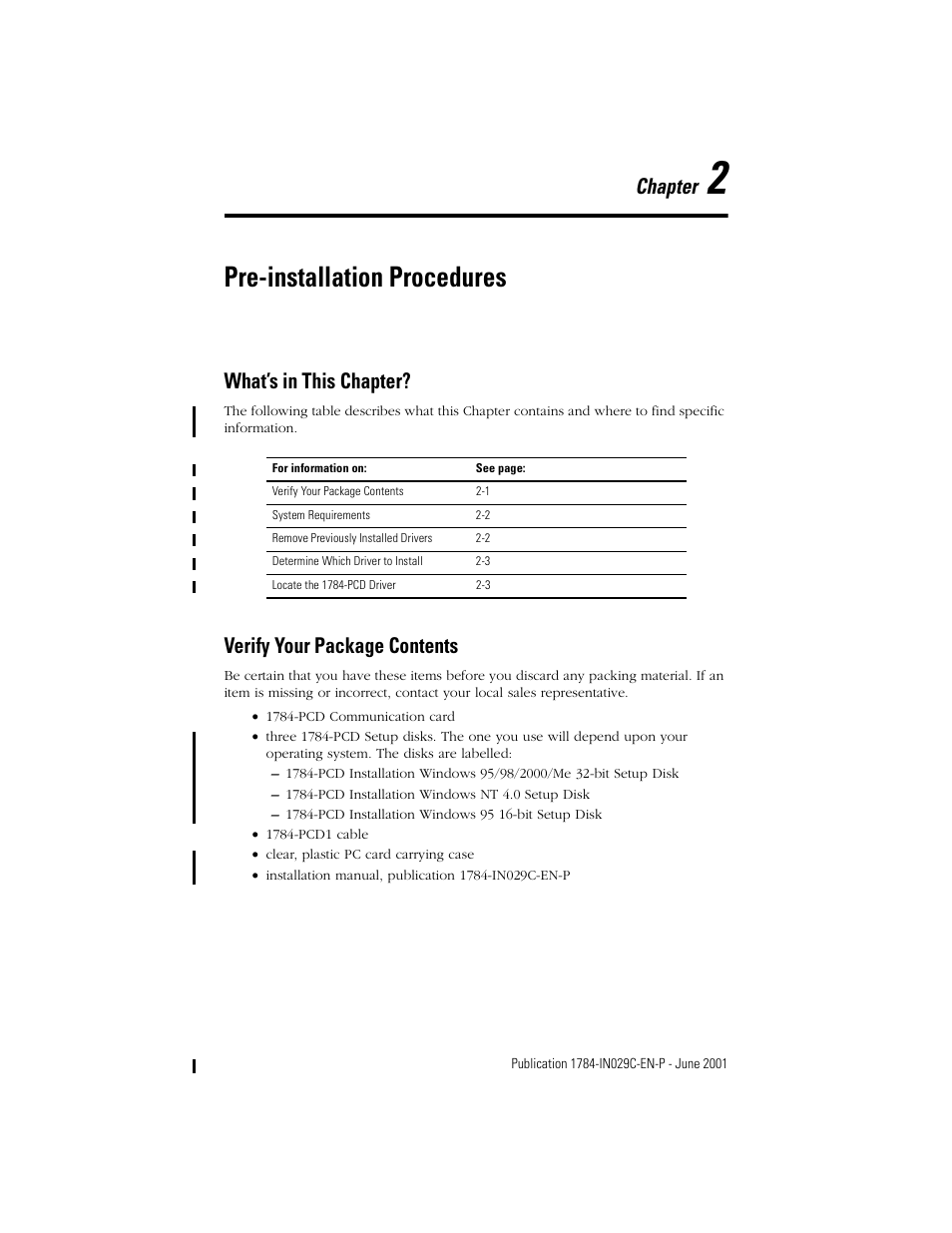 2 - pre-installation procedures, What’s in this chapter, Verify your package contents | Pre-installation procedures, Chapter | Rockwell Automation 1784-PCD DeviceNet Communication Card  User Manual | Page 19 / 106