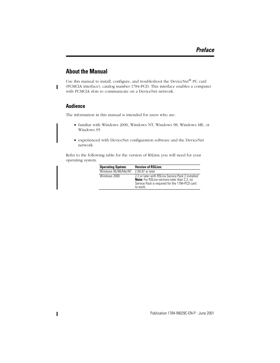 About the manual, Preface, Audience | Rockwell Automation 1784-PCD DeviceNet Communication Card  User Manual | Page 7 / 106