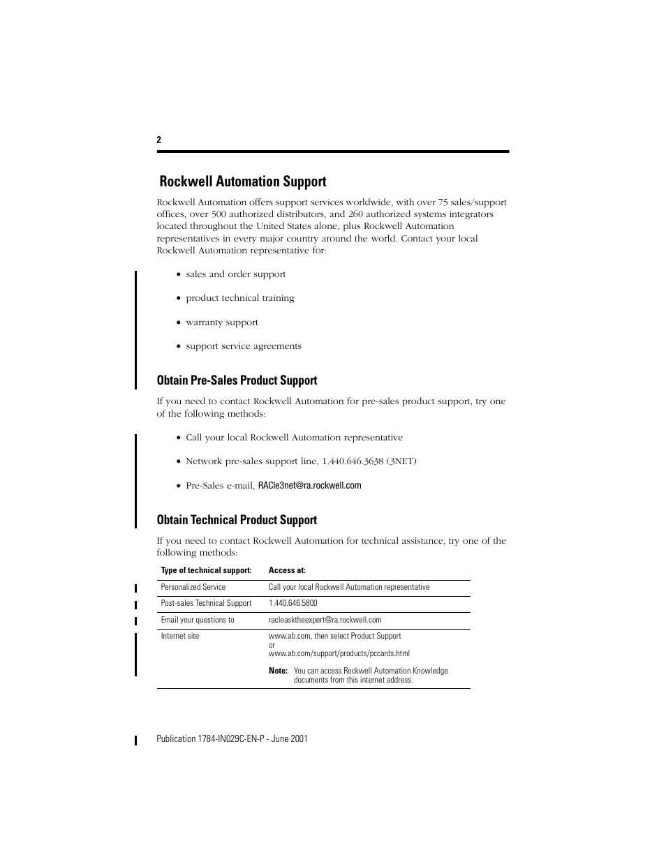 Rockwell automation support, Obtain pre-sales product support, Obtain technical product support | Rockwell Automation 1784-PCD DeviceNet Communication Card  User Manual | Page 8 / 106