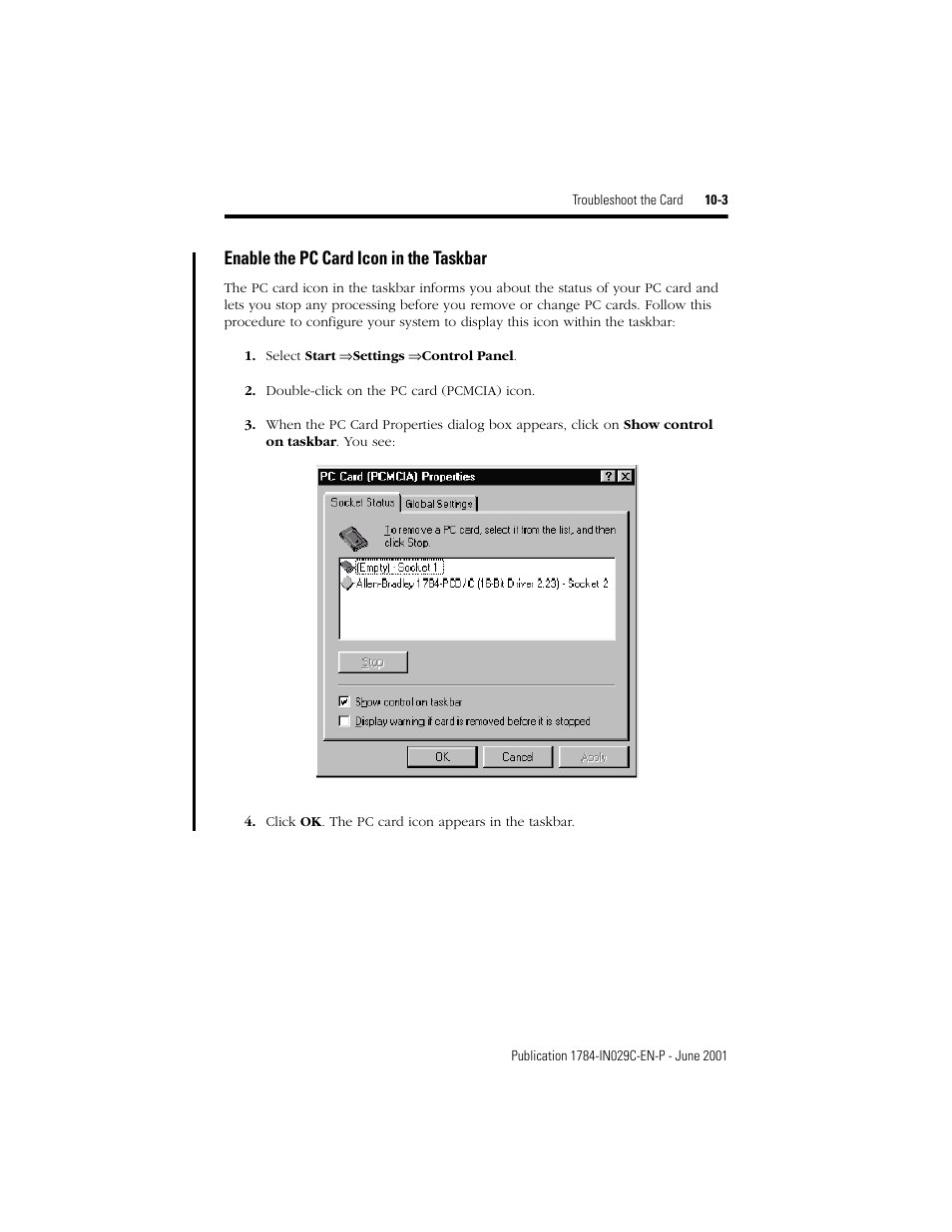 Enable the pc card icon in the taskbar | Rockwell Automation 1784-PCD DeviceNet Communication Card  User Manual | Page 83 / 106