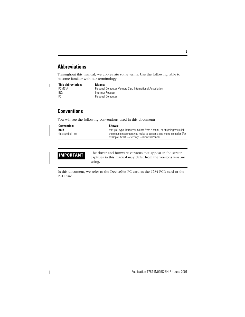 Abbreviations, Conventions, Important | Rockwell Automation 1784-PCD DeviceNet Communication Card  User Manual | Page 9 / 106