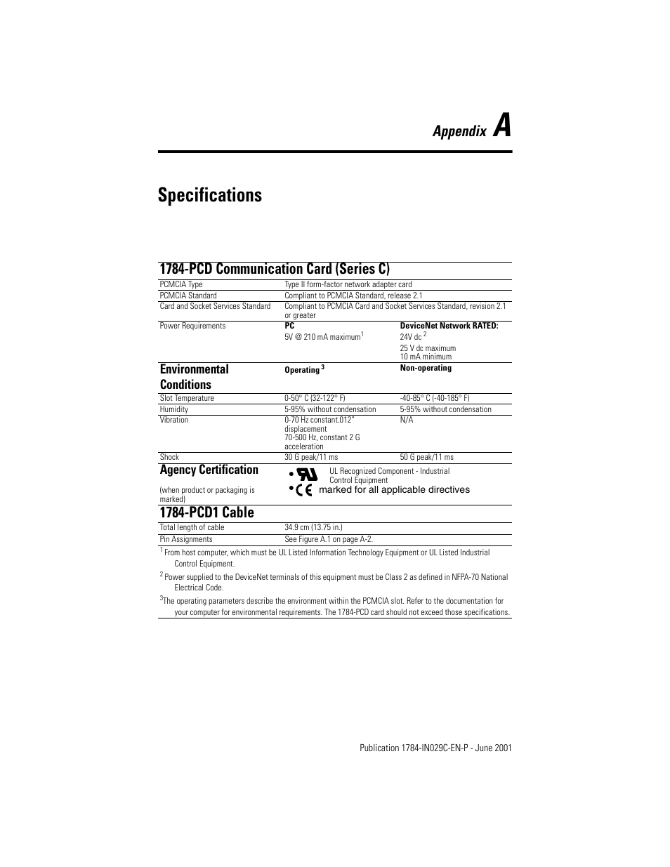 A- specifications, 1784-pcd communication card (series c), 1784-pcd1 cable | Appendix a, Specifications, Appendix, Environmental conditions, Agency certification | Rockwell Automation 1784-PCD DeviceNet Communication Card  User Manual | Page 99 / 106