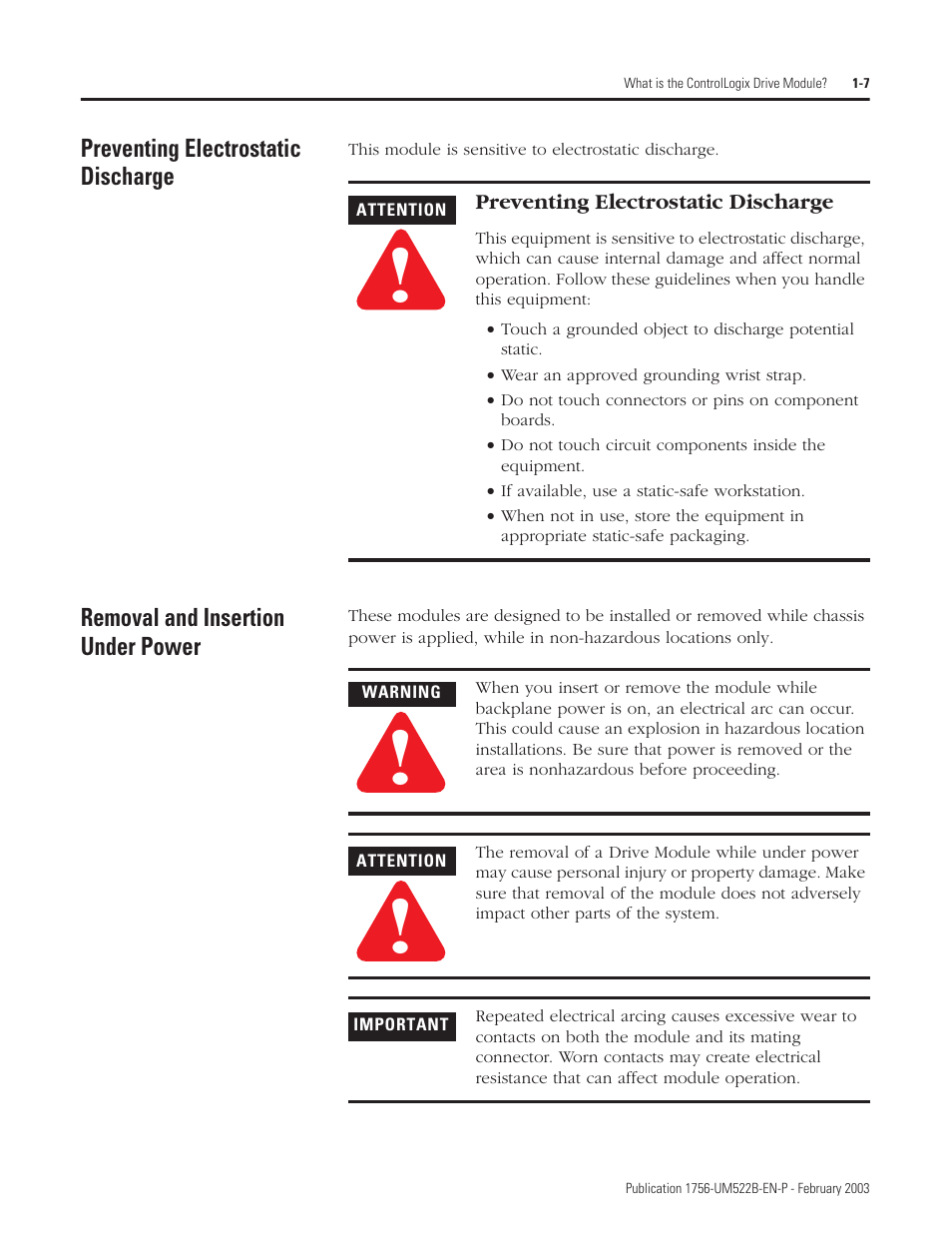 Preventing electrostatic discharge, Removal and insertion under power | Rockwell Automation 1756-DMF30 ControlLogix Drive Module User Manual | Page 21 / 369