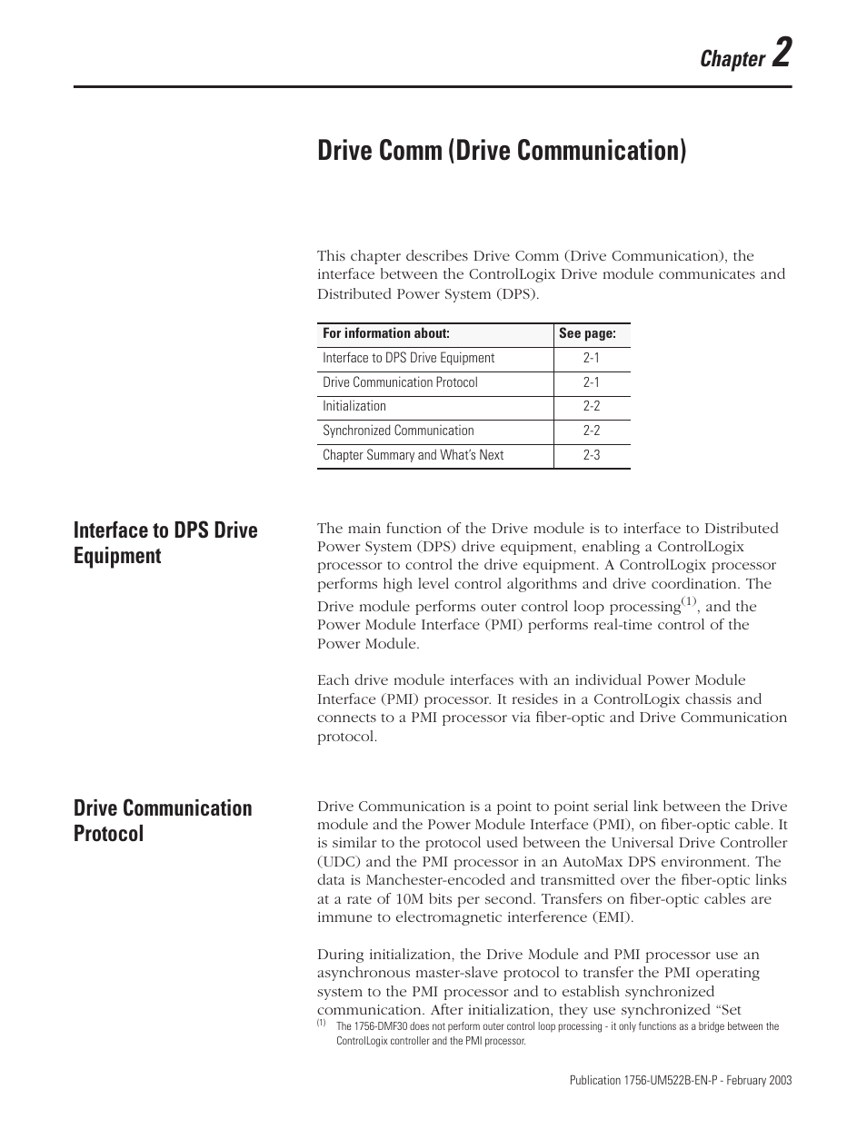 Chapter 2, Interface to dps drive equipment, Drive communication protocol | Drive comm (drive communication), Chapter | Rockwell Automation 1756-DMF30 ControlLogix Drive Module User Manual | Page 23 / 369