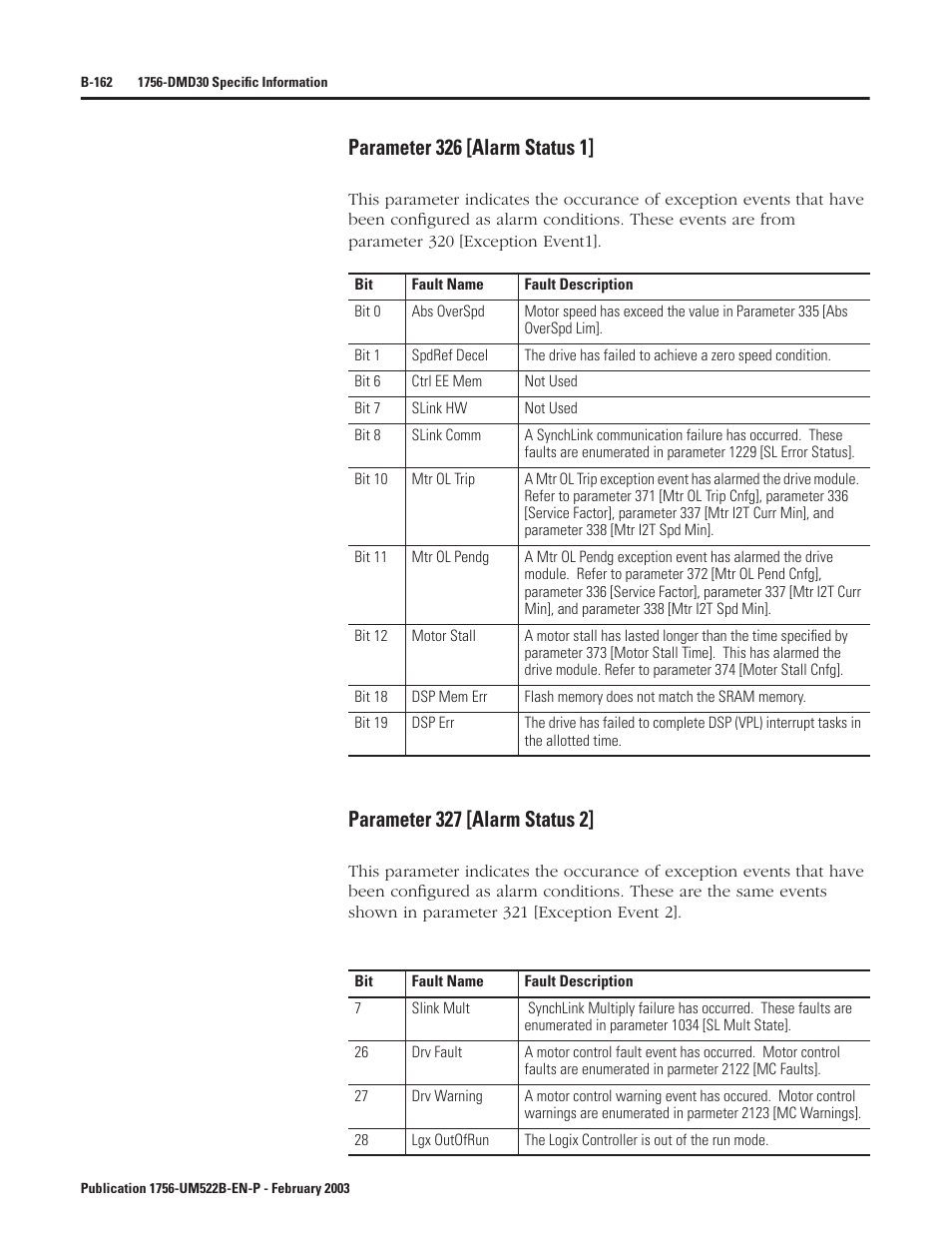 Parameter 326 [alarm status 1, Parameter 327 [alarm status 2 | Rockwell Automation 1756-DMF30 ControlLogix Drive Module User Manual | Page 242 / 369