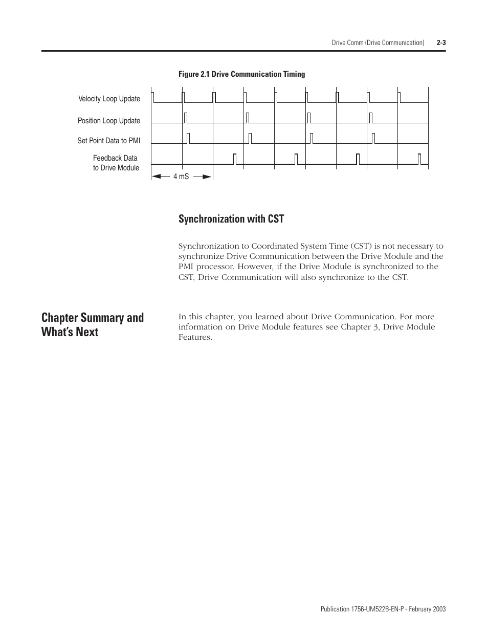 Synchronization with cst, Chapter summary and what’s next | Rockwell Automation 1756-DMF30 ControlLogix Drive Module User Manual | Page 25 / 369