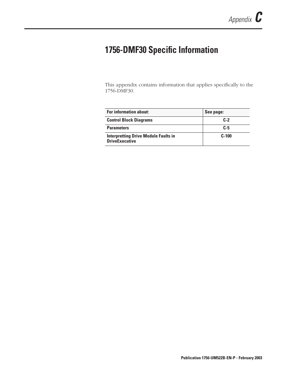 Appendix c, Appendix | Rockwell Automation 1756-DMF30 ControlLogix Drive Module User Manual | Page 253 / 369
