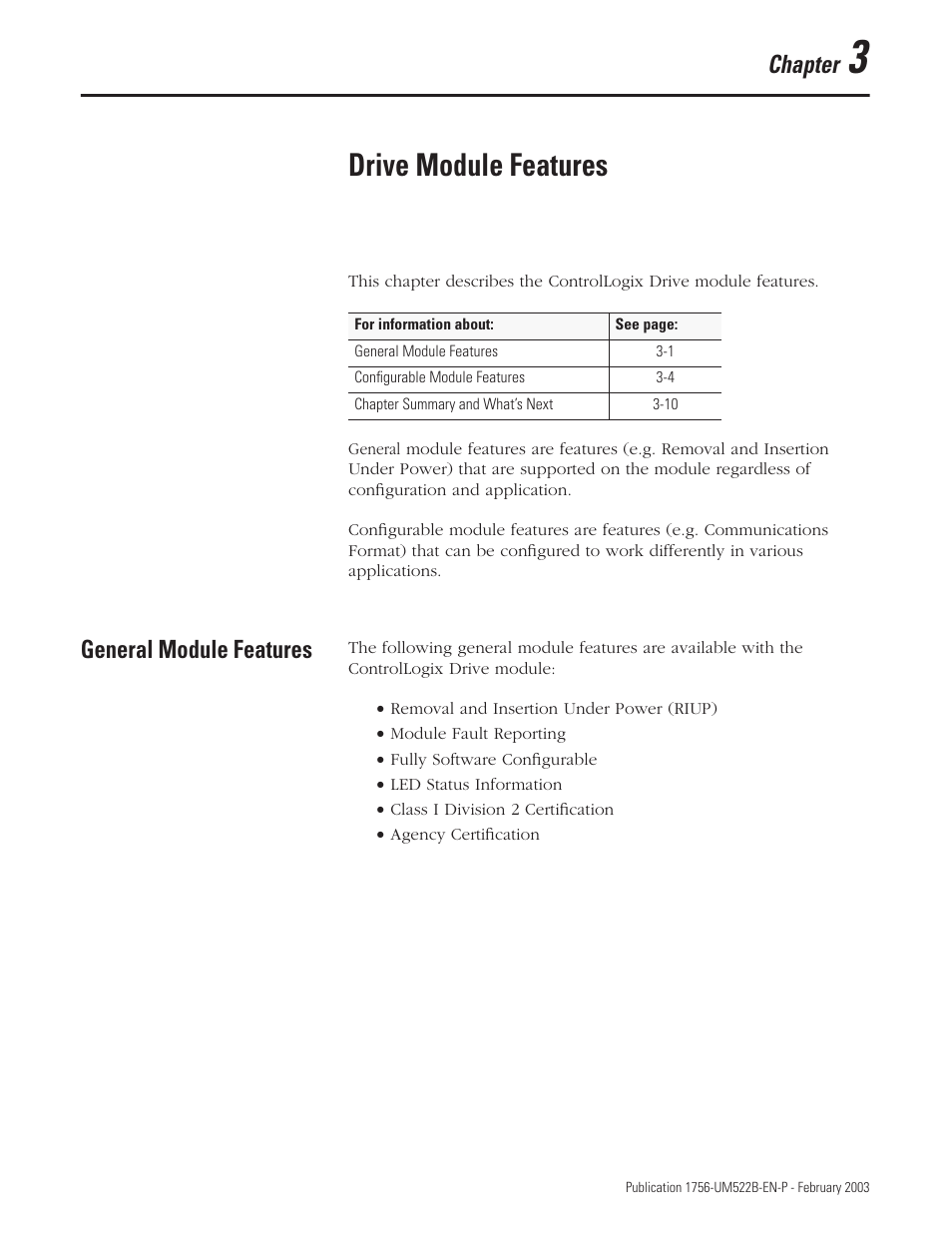 Chapter 3, General module features, Drive module features | Chapter | Rockwell Automation 1756-DMF30 ControlLogix Drive Module User Manual | Page 27 / 369