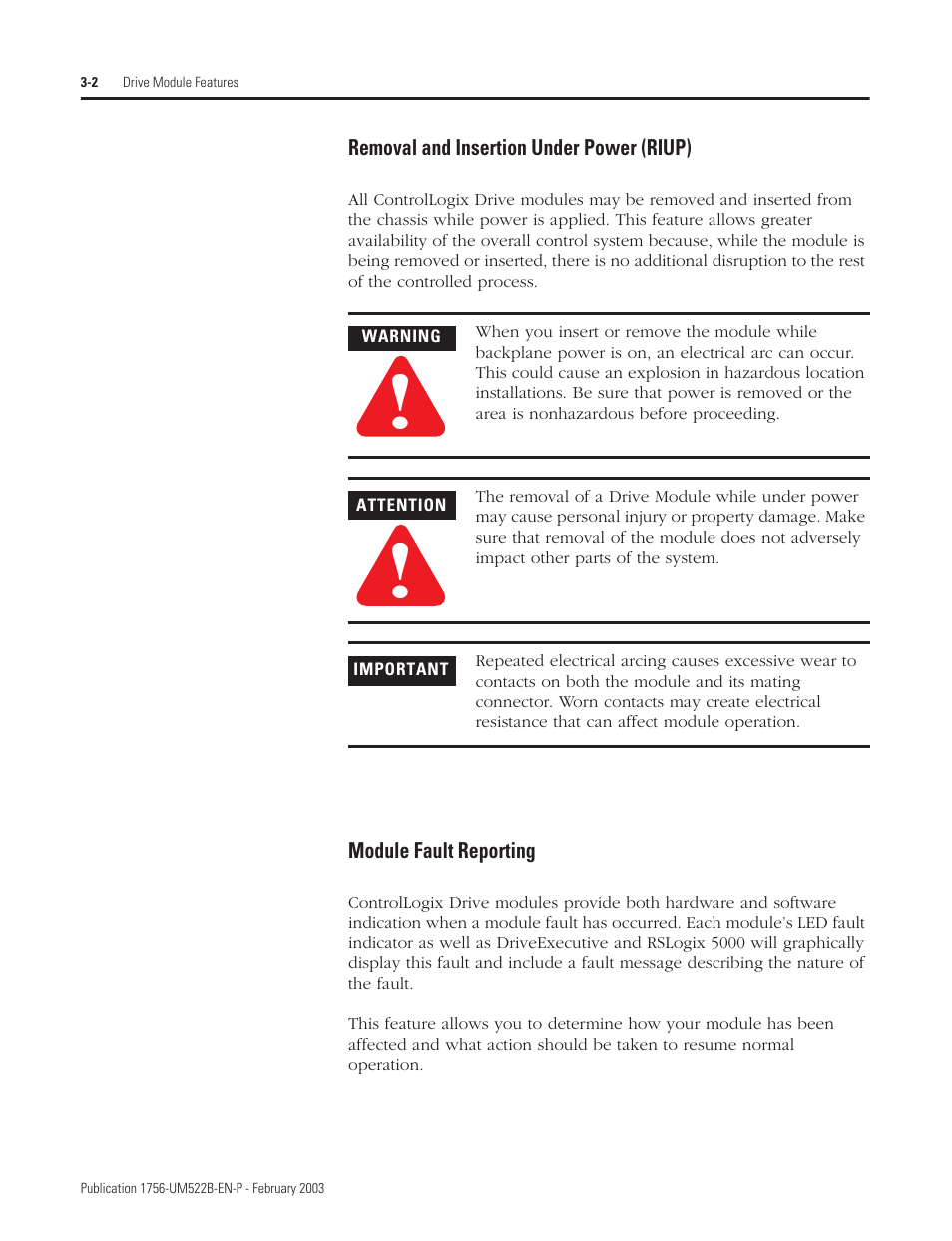 Removal and insertion under power (riup), Module fault reporting | Rockwell Automation 1756-DMF30 ControlLogix Drive Module User Manual | Page 28 / 369