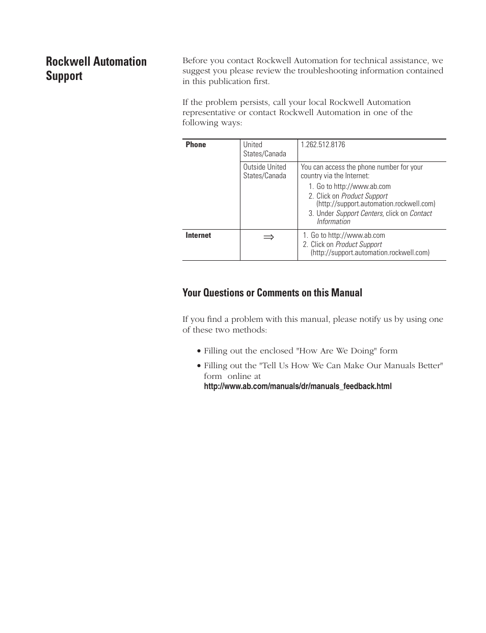 Rockwell automation support, Your questions or comments on this manual | Rockwell Automation 1756-DMF30 ControlLogix Drive Module User Manual | Page 3 / 369