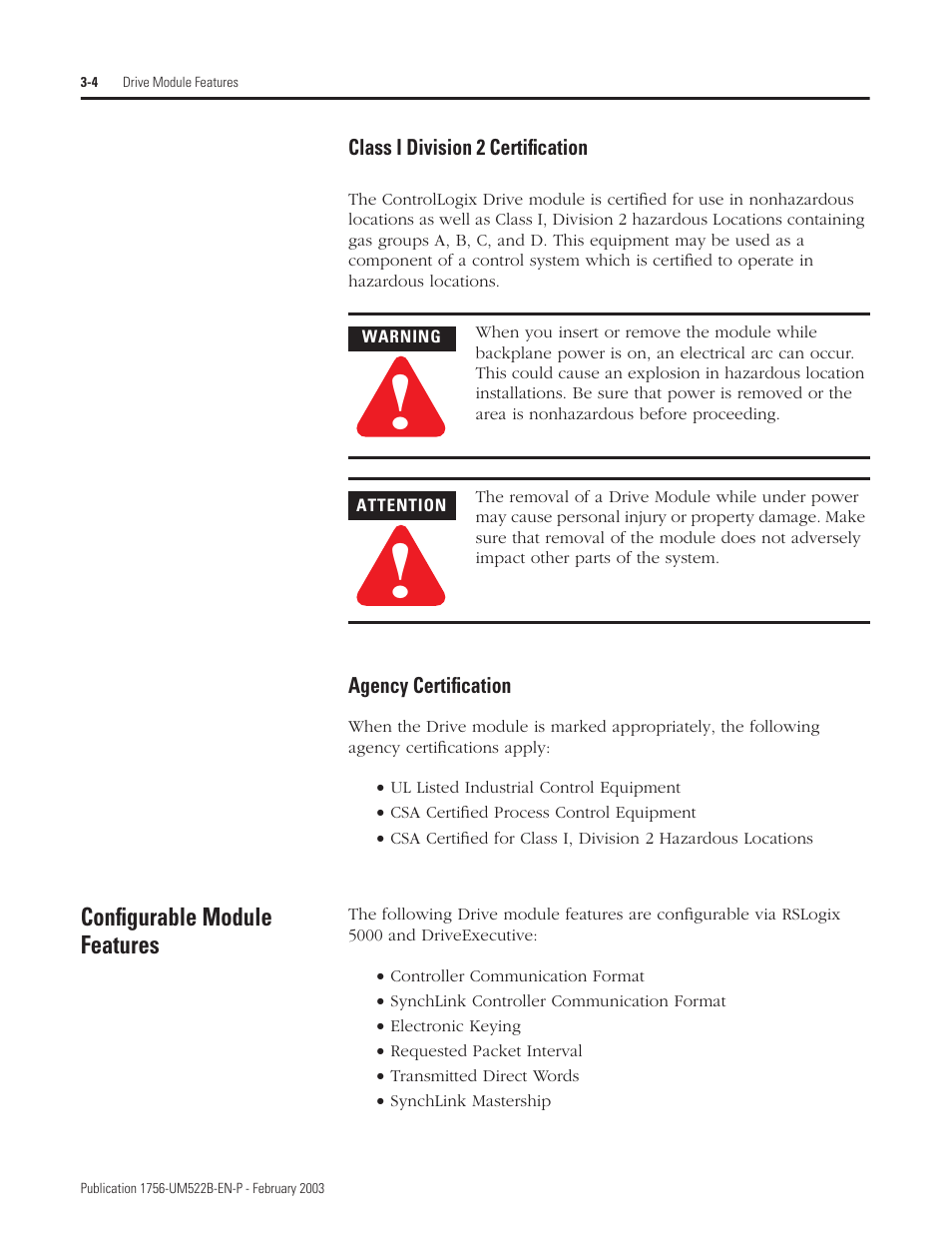 Class i division 2 certification, Agency certification, Configurable module features | Rockwell Automation 1756-DMF30 ControlLogix Drive Module User Manual | Page 30 / 369
