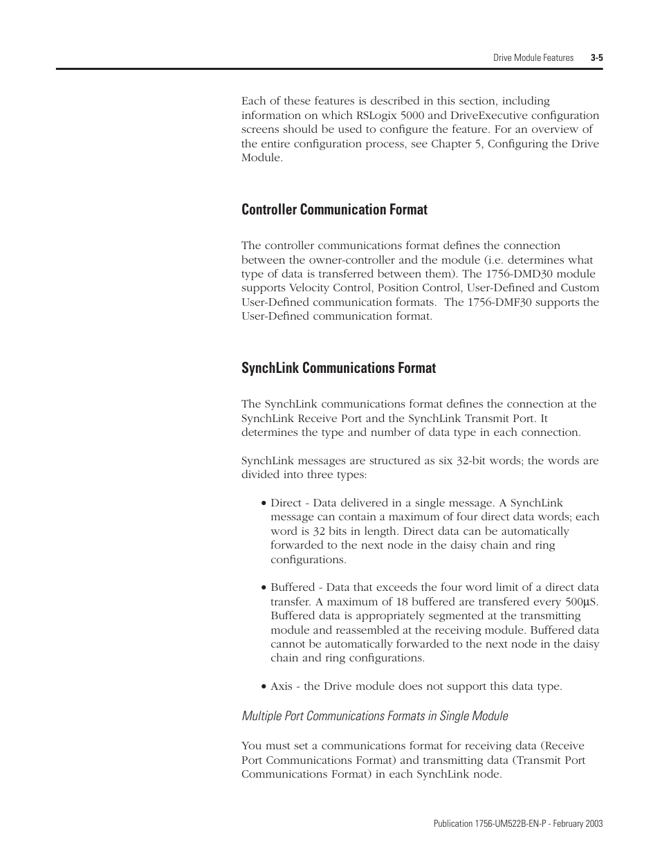 Controller communication format, Synchlink communications format | Rockwell Automation 1756-DMF30 ControlLogix Drive Module User Manual | Page 31 / 369
