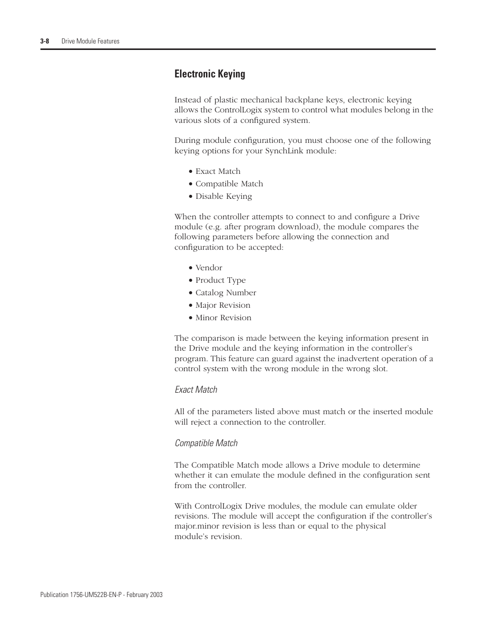 Electronic keying | Rockwell Automation 1756-DMF30 ControlLogix Drive Module User Manual | Page 34 / 369