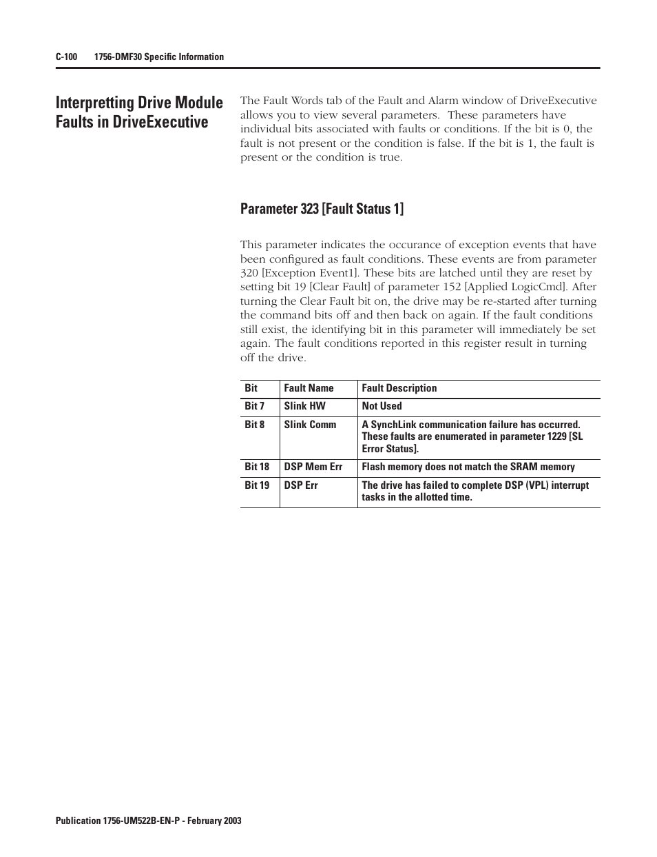 Parameter 323 [fault status 1, C-100 | Rockwell Automation 1756-DMF30 ControlLogix Drive Module User Manual | Page 352 / 369