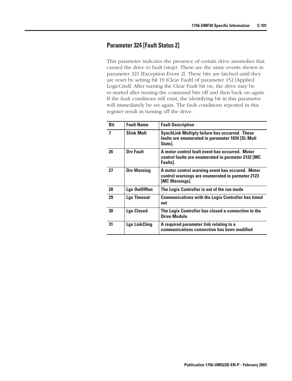 Parameter 324 [fault status 2 | Rockwell Automation 1756-DMF30 ControlLogix Drive Module User Manual | Page 353 / 369