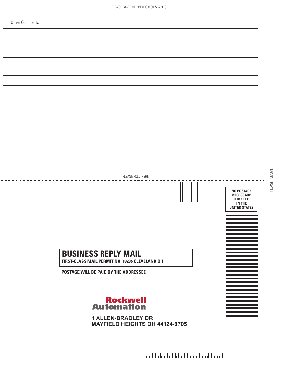 Business reply mail | Rockwell Automation 1756-DMF30 ControlLogix Drive Module User Manual | Page 368 / 369