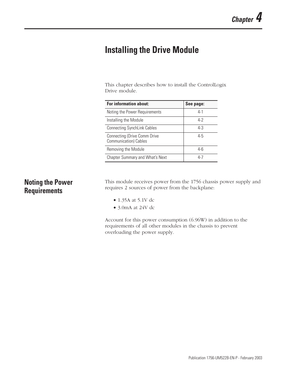 Chapter 4, Noting the power requirements, Installing the drive module | Chapter | Rockwell Automation 1756-DMF30 ControlLogix Drive Module User Manual | Page 37 / 369