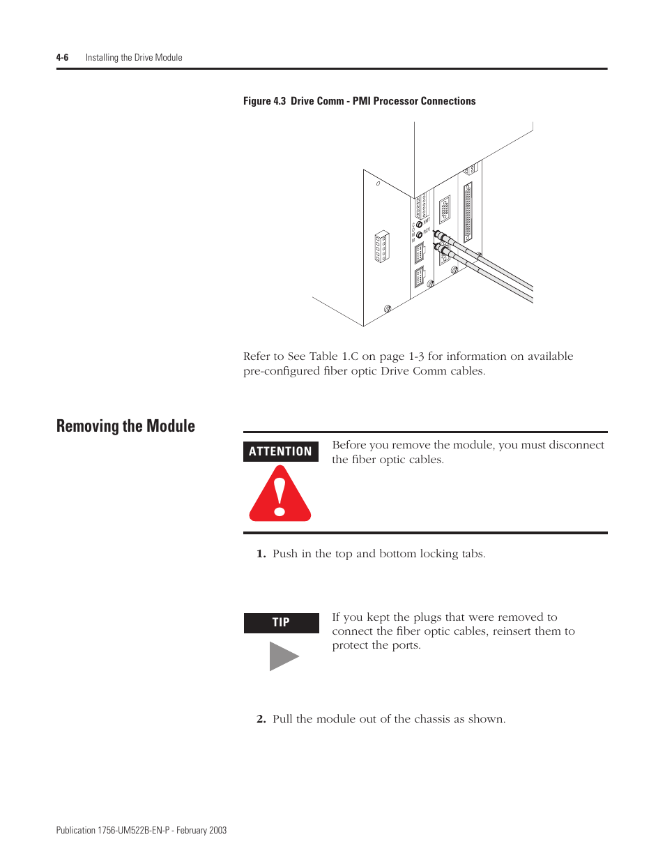 Removing the module | Rockwell Automation 1756-DMF30 ControlLogix Drive Module User Manual | Page 42 / 369