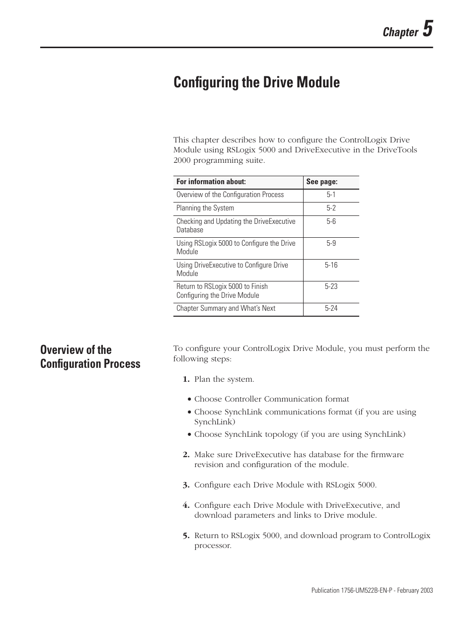 Chapter 5, Overview of the configuration process, Configuring the drive module | Chapter | Rockwell Automation 1756-DMF30 ControlLogix Drive Module User Manual | Page 45 / 369