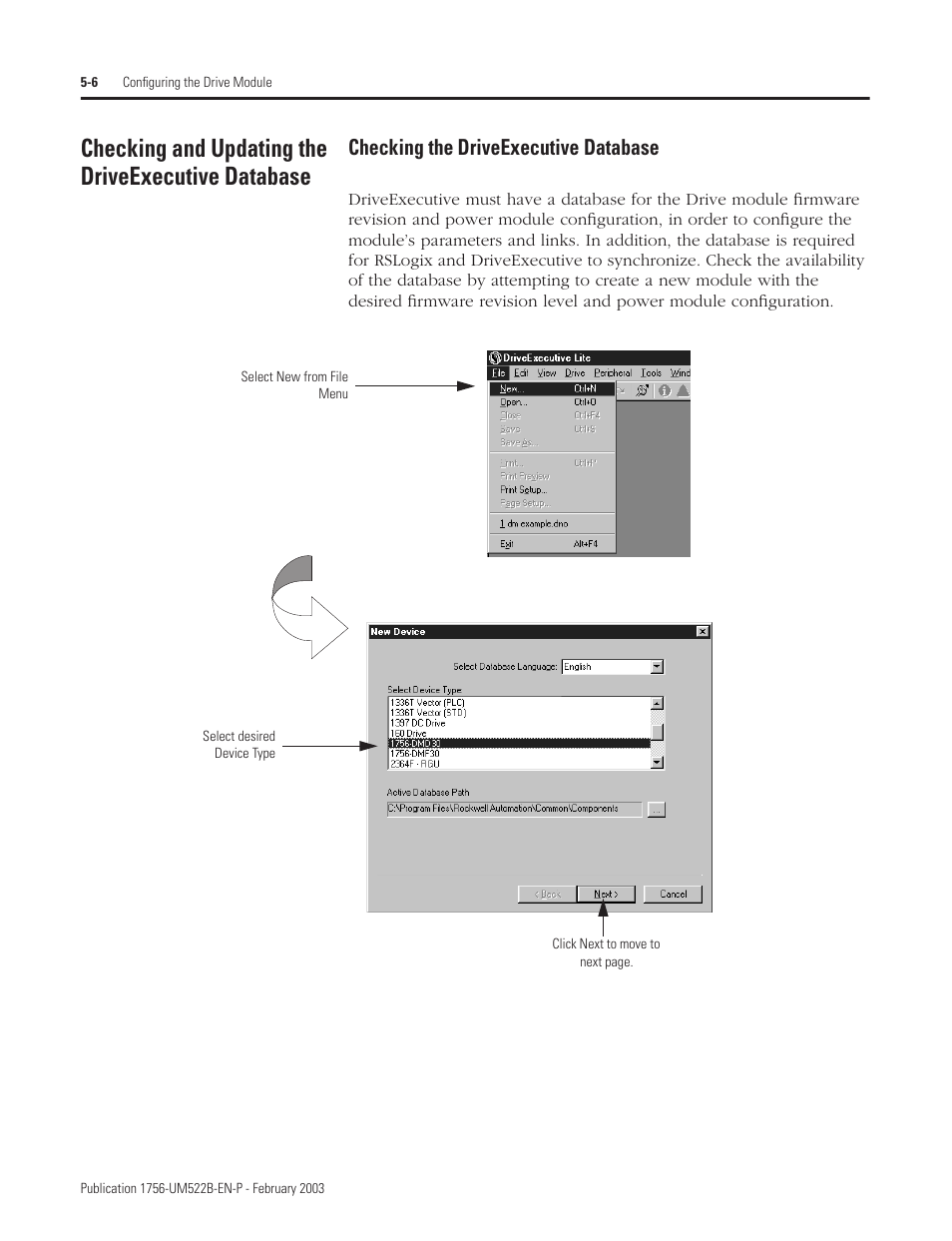 Checking and updating the driveexecutive database, Checking the driveexecutive database | Rockwell Automation 1756-DMF30 ControlLogix Drive Module User Manual | Page 50 / 369