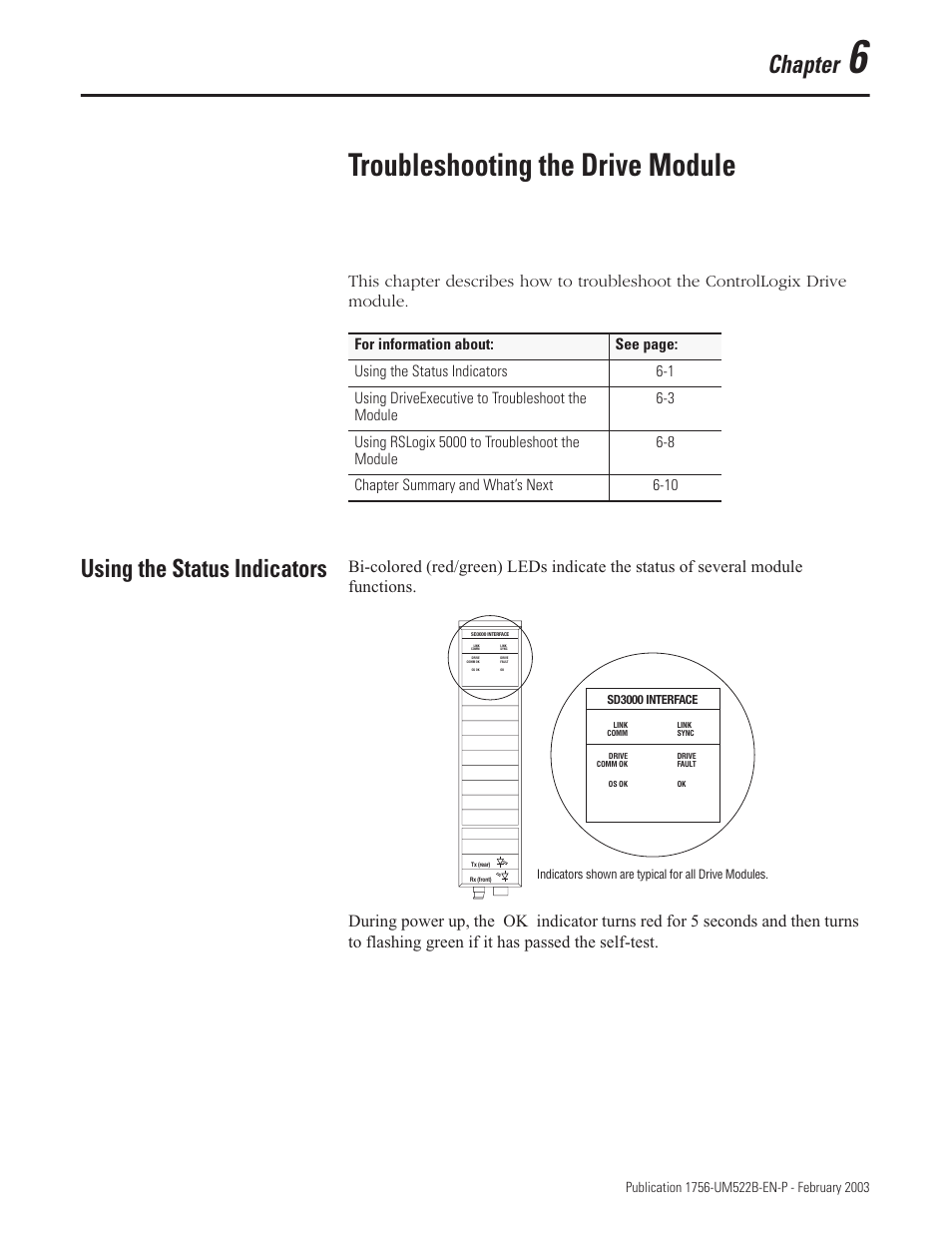 Chapter 6, Using the status indicators, Troubleshooting the drive module | Chapter | Rockwell Automation 1756-DMF30 ControlLogix Drive Module User Manual | Page 69 / 369